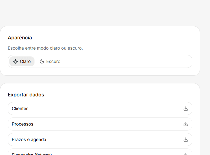 Tela de Configurações no advfy
